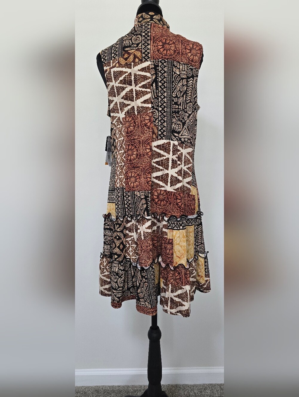 Sleeveless Patchwork Print Tiered Midi Dress - Brown & Black